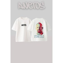 Anetos Stone Cold Tasarım Sırt Baskılı Pamuk Beyaz Oversize T-Shirt