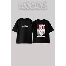 Anetos Konan Angel Tasarım Sırt Baskılı Pamuk Siyah Oversize T-Shirt