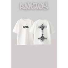 Anetos Stippled Figure Tasarım Sırt Baskılı Pamuk Beyaz Oversize T-Shirt