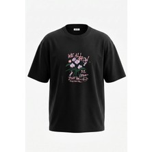 Anetos Orkide Desen Tasarım Sırt Baskılı Pamuk Siyah Oversize T-Shirt