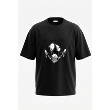 Anetos Canavar Gulumseme Tasarım Sırt Baskılı Pamuk Siyah Oversize T-Shirt