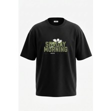Anetos Sunday Morning Dogwood Tasarım Sırt Baskılı Pamuk Siyah Oversize T-Shirt