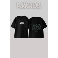 Anetos Peanuts Gang Tasarım Sırt Baskılı Pamuk Siyah Oversize T-Shirt