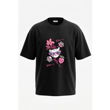 Anetos Kedi Palmiye Gozluk Tasarım Sırt Baskılı Pamuk Siyah Oversize T-Shirt