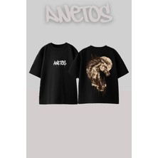 Anetos Horse Moon Tasarım Sırt Baskılı Pamuk Siyah Oversize T-Shirt