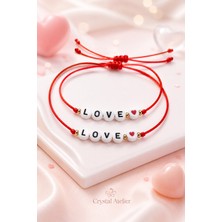 Crystal Atelier Love Yazılı Kalpli Kırmızı Ip Sevgili Çift Bilekliği 2’li Ayarlanabilir Set