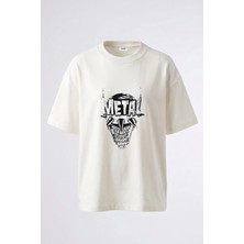 Anetos Metal Korkunc Yuz Tasarım Sırt Baskılı Pamuk Beyaz Oversize T-Shirt