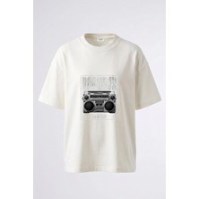 Anetos Boombox Oldschool Tasarım Sırt Baskılı Pamuk Beyaz Oversize T-Shirt