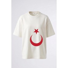 Anetos Ay Yildiz Tasarım Sırt Baskılı Pamuk Beyaz Oversize T-Shirt