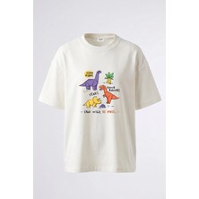 Anetos Origami Dinosaur Tasarım Sırt Baskılı Pamuk Beyaz Oversize T-Shirt