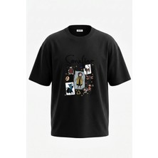 Anetos Coraline Film Tasarım Sırt Baskılı Pamuk Siyah Oversize T-Shirt