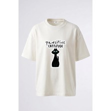 Anetos Pawsitive Cattitude Tasarım Sırt Baskılı Pamuk Beyaz Oversize T-Shirt