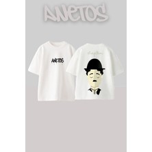 Anetos Charlie Chaplin 1 Tasarım Sırt Baskılı Pamuk Beyaz Oversize T-Shirt