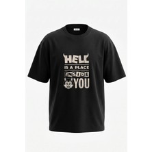 Anetos Hell Seytan Cizgi Tasarım Sırt Baskılı Pamuk Siyah Oversize T-Shirt