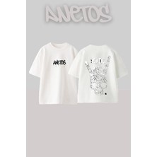 Anetos Ac Dc Tasarım Sırt Baskılı Pamuk Beyaz Oversize T-Shirt