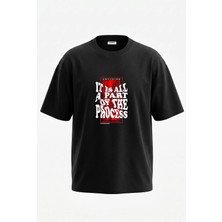 Anetos Process Slogan Tasarım Sırt Baskılı Pamuk Siyah Oversize T-Shirt