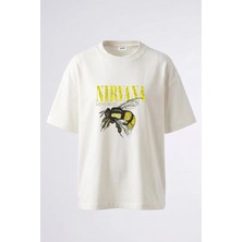 Anetos Nirvana Bumblebee Tasarım Sırt Baskılı Pamuk Beyaz Oversize T-Shirt