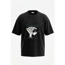 Anetos Royal Flush Tasarım Sırt Baskılı Pamuk Siyah Oversize T-Shirt