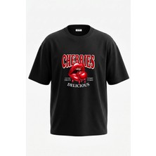 Anetos Cherry Lips Tasarım Sırt Baskılı Pamuk Siyah Oversize T-Shirt