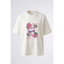 Anetos Kedi Palmiye Gozluk Tasarım Sırt Baskılı Pamuk Beyaz Oversize T-Shirt