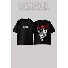 Anetos Blink 182 1 Tasarım Sırt Baskılı Pamuk Siyah Oversize T-Shirt