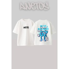 Anetos Six Seven Tasarım Sırt Baskılı Pamuk Beyaz Oversize T-Shirt