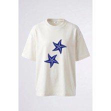 Anetos Glitter Starfish Tasarım Sırt Baskılı Pamuk Beyaz Oversize T-Shirt