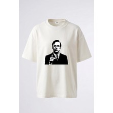 Anetos Saul Goodman_1 Tasarım Sırt Baskılı Pamuk Beyaz Oversize T-Shirt