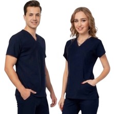 Onora Unisex Likralı Lacivert Hemşire ve Doktor Üniforması ,V Yaka Yarasa Kol,Tek Üst Scrubs Forma