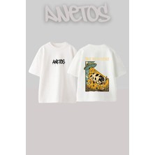 Anetos Cow Ufo Tasarım Sırt Baskılı Pamuk Beyaz Oversize T-Shirt