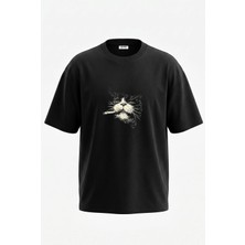 Anetos Cat Cigar Tasarım Sırt Baskılı Pamuk Siyah Oversize T-Shirt