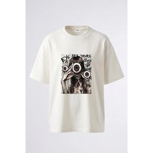 Anetos Goz Canavari Tasarım Sırt Baskılı Pamuk Beyaz Oversize T-Shirt