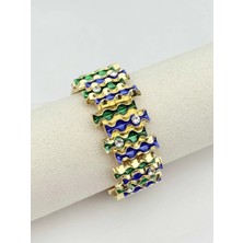 Auravelle Gold Renk Taşlı ve Mineli Dalga Desenli Lüks Çelik Kelepçe Bileklik