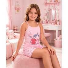 NiCe İç Giyim Kız Çocuk Pembe Renk Kiraz Desen Pamuklu Penye Atlet & Şort Pijama Takım