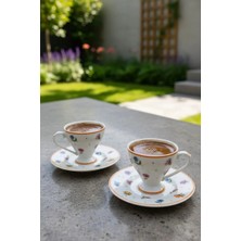 Mien Gözde Çiçekli 2'li Kahve Fincanı Takımı 90 ml | Dekoratif Desenli Kahve Fincan Seti - Turuncu