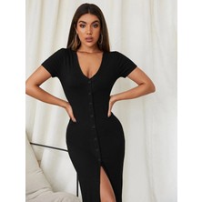 Alyn Wear Kadın Kısa Kollu V Yakalı Önden Düğme Detaylı Uzun Kaşkorse Elbise