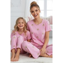 Siyah İnci Pembe Desenli Pamuklu Bisiklet Yaka Örme Pijama Takım