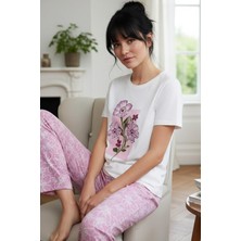 Siyah İnci Ekru Desenli Pamuklu Bisiklet Yaka Örme Pijama Takım