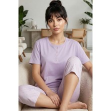 Siyah İnci Lila Desenli Pamuklu Bisiklet Yaka Örme Kapri Pijama Takım