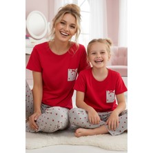 Siyah İnci Kırmızı Desenli Pamuklu Bisiklet Yaka Örme Pijama Takım
