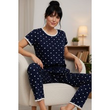 Siyah İnci Lacivert Desenli Pamuklu Bisiklet Yaka Örme Pijama Takım