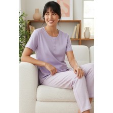 Siyah İnci Lila Desenli Pamuklu Bisiklet Yaka Örme Pijama Takım