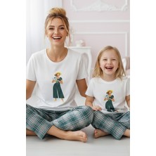 Siyah İnci Ekru Desenli Pamuklu Bisiklet Yaka Örme Pijama Takım