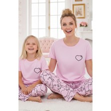 Siyah İnci Pembe Desenli Pamuklu Bisiklet Yaka Örme Pijama Takım