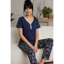 Siyah İnci Lacivert Desenli Pamuklu V Yaka Örme Pijama Takım