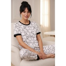 Siyah İnci Lila Desenli Pamuklu Bisiklet Yaka Örme Pijama Takım