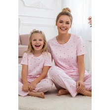 Siyah İnci Pembe Desenli Pamuklu Bisiklet Yaka Örme Pijama Takım