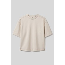 Bej O Yaka Oversize Kısa Kollu Kadın T-Shirt - 97316