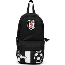 Beşiktaş Lisanslı Çubuklu Desenli Kalemlik - Siyah Çok Bölmeli Dikey Kalem Çantası