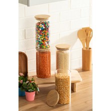 Porsima 3-4 Bambu Vakumlu Kapaklı Yuvarlak Cam 4lü Kavanoz Seti Saklama Kabı 1650ML 10X25CM